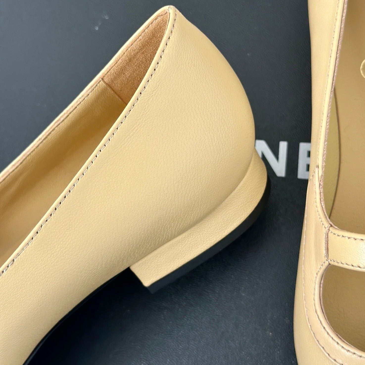 Double C Milan Runway Pointed Toe Mary Jane Shoes Dark Cream Black Lambskin