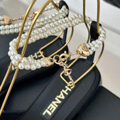 Double C Big Bow Pearl Chain Sandals Light Pink Black Lambskin