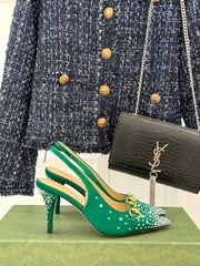 HIGH SLINGBACK 8.5 CM IN GREEN FABRIC WITH RHINESTONE EMBELLISHMENTS