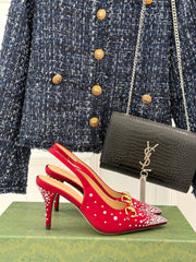 HIGH SLINGBACK 8.5 CM IN RED FABRIC WITH RHINESTONE EMBELLISHMENTS