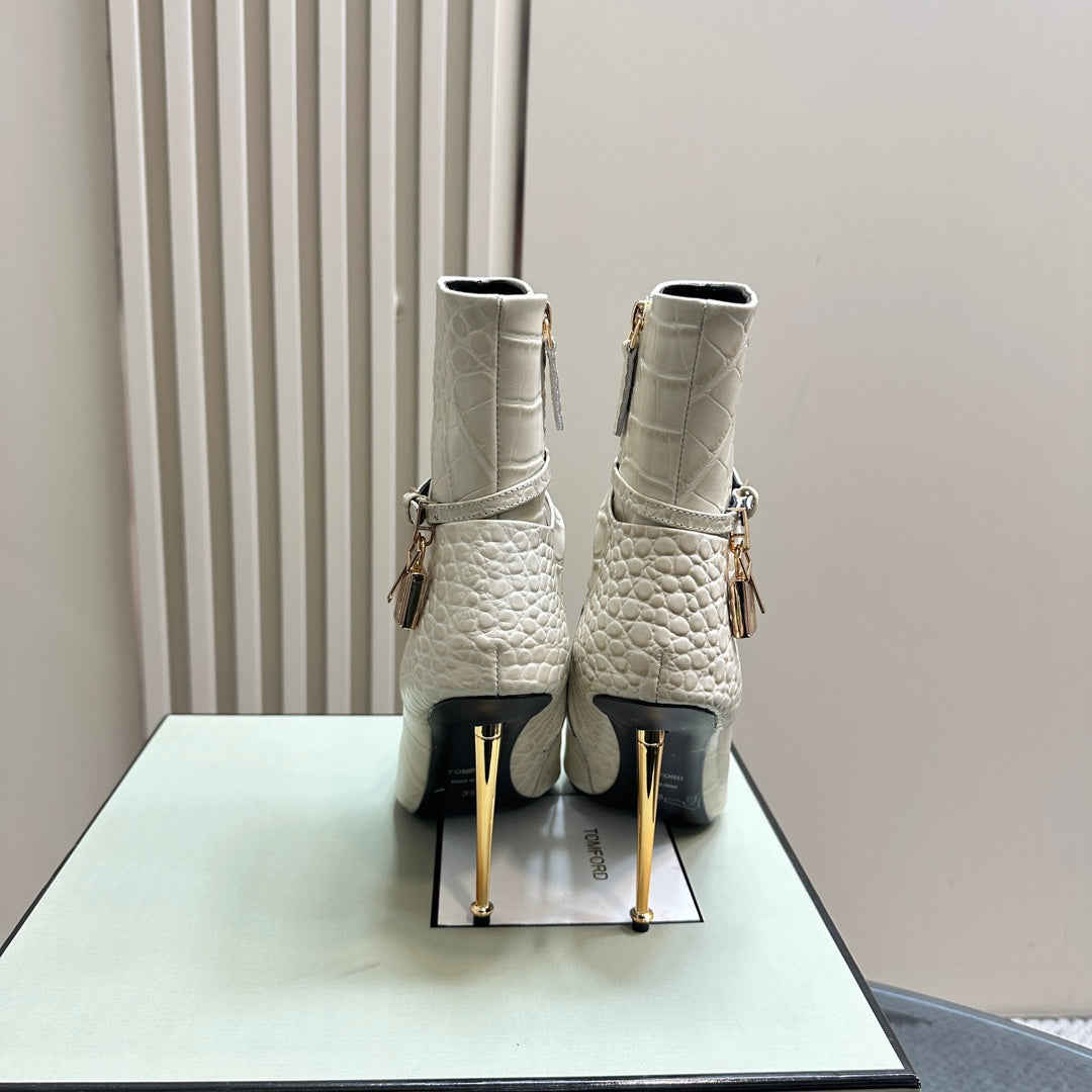 PADLOCK 10 CM ANKLE BOOTS IN WHITE CROCODILE-EMBOSSED CALFSKIN