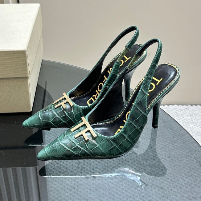 ANGELINA 10 CM SLINGBACK IN GREEN FOREST CROCODILE PATTERN CALFSKIN