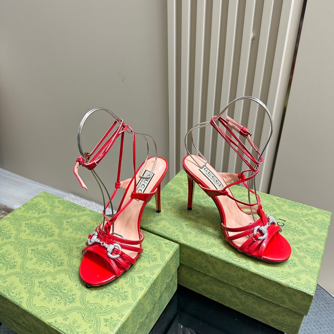 CRYSTAL HORSEBIT STRAPPY SANDAL 10.5CM IN RED PATENT LEATHER