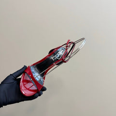 STRAP HIGH BAMBOO-EFFECT HEEL SANDAL IN RED PATENT CALFSKIN