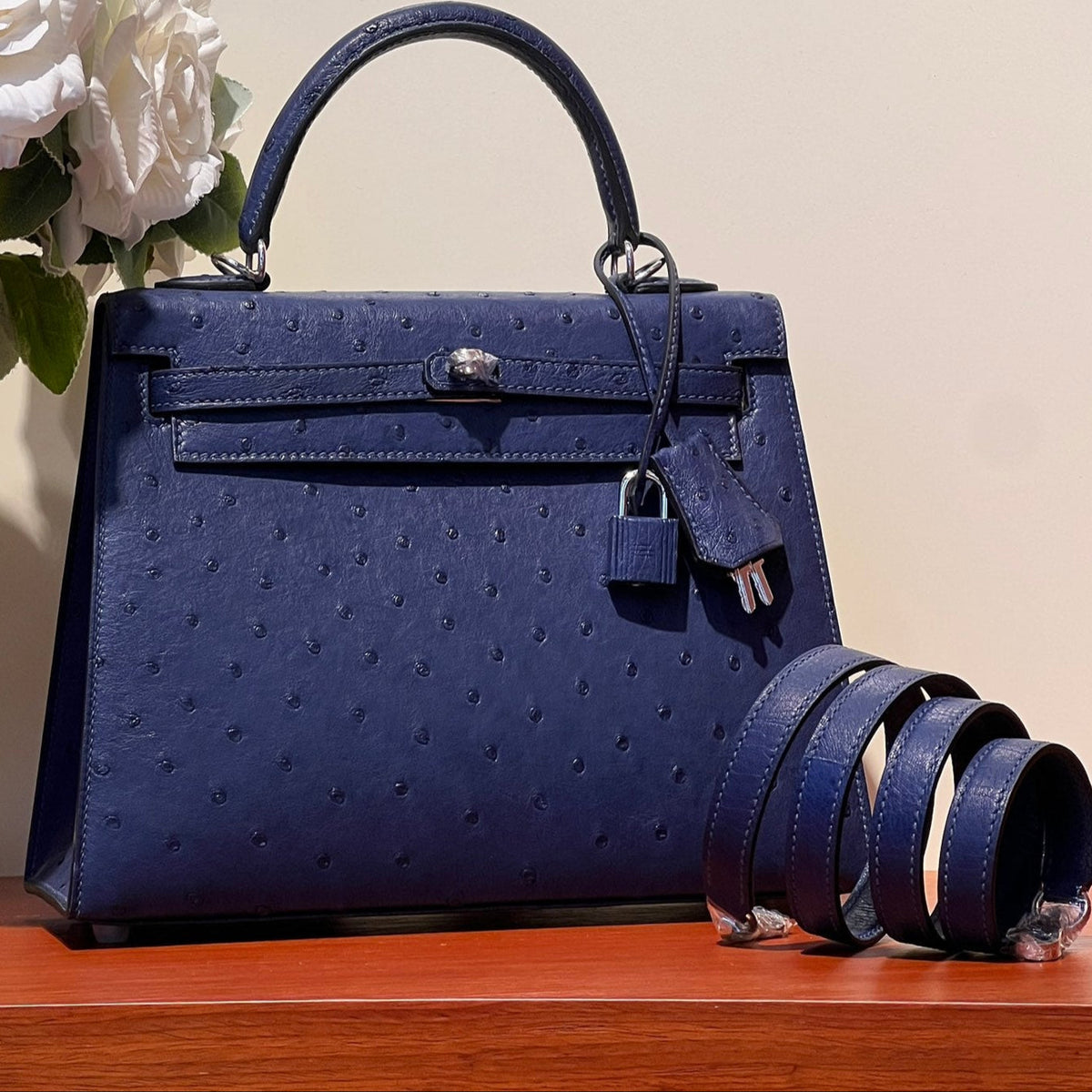 KELLY SELLIER 25 BAG IN NAVY BLUE OSTRICH LEATHER WITH SILVER HARDWARE (MADE-TO-ODER)