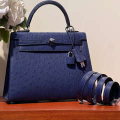 KELLY SELLIER 25 BAG IN NAVY BLUE OSTRICH LEATHER WITH SILVER HARDWARE (MADE-TO-ODER)