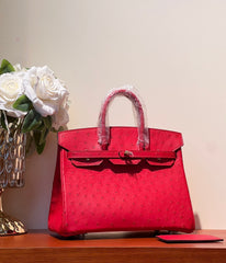 KELLY SELLIER 25 BAG IN CLASSIC RED OSTRICH LEATHER WITH GOLD HARDWARE (MADE-TO-ODER)