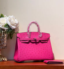 KELLY SELLIER 25 BAG IN BRIGHT PINK OSTRICH LEATHER WITH SILVER HARDWARE (MADE-TO-ODER)