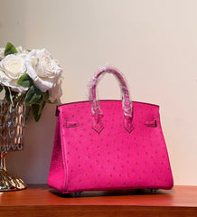 KELLY SELLIER 25 BAG IN BRIGHT PINK OSTRICH LEATHER WITH SILVER HARDWARE (MADE-TO-ODER)