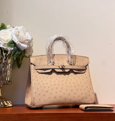 KELLY SELLIER 25 BAG IN CAMEL BEIGE OSTRICH LEATHER WITH SILVER HARDWARE (MADE-TO-ODER)
