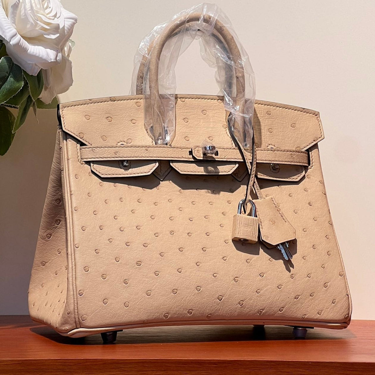 KELLY SELLIER 25 BAG IN CAMEL BEIGE OSTRICH LEATHER WITH SILVER HARDWARE (MADE-TO-ODER)
