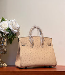 KELLY SELLIER 25 BAG IN CAMEL BEIGE OSTRICH LEATHER WITH SILVER HARDWARE (MADE-TO-ODER)