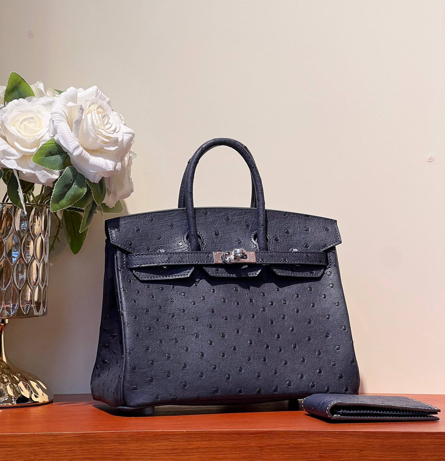 KELLY SELLIER 25 BAG IN SPACE BLUE OSTRICH LEATHER WITH SILVER HARDWARE