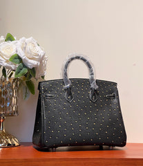 KELLY SELLIER 25 BAG IN BLACK OSTRICH LEATHER WITH GOLD RHINSTONES (MADE-TO-ODER)
