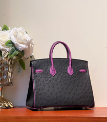 KELLY  SELLIER 25 BAG IN BLACK MIX ORCHID PURPLE OSTRICH LEATHER (MADE-TO-ODER)