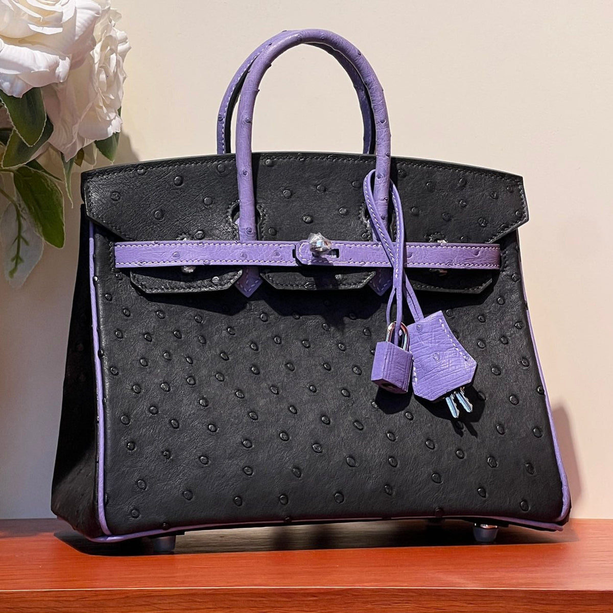 KELLY  SELLIER 25 BAG IN BLACK MIX AMETHYST PURPLE OSTRICH LEATHER (MADE-TO-ODER)