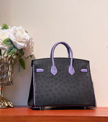 KELLY  SELLIER 25 BAG IN BLACK MIX AMETHYST PURPLE OSTRICH LEATHER (MADE-TO-ODER)