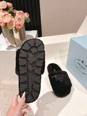 PRADA 25S FLAT MULES IN BLACK RABBIT FUR