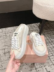 MIUMIU 26S SNEAKER MULES 45MM IN LIGHT BEIGE MESH