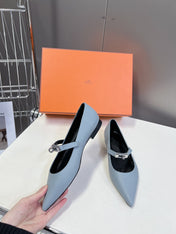 HM 26S KELLY BUCKLE MARY JANE POINTED FLATS IN LIGHT BLUE CALFSKIN