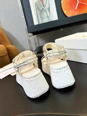 NAMA WEDGE SANDALS IN BEIGE FABRIC AND WHITE RUBBER