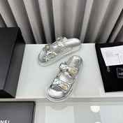 dad sandals silver metalic lambskin mules