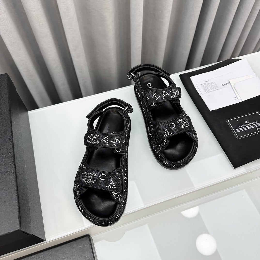 dad sandals black denim mules