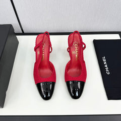 HIGH SLINGBACK ROSE RED TWEED AND BLACK CALFSKIN