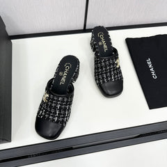 CC HIGH MULE IN BLACK MIX WHITE WOOL TWEED AND CALFSKIN