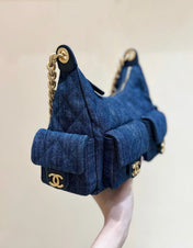 CHANEL 25S LARGE HOBO BAG 35 IN DARK BLUE DENIM GOLD HARDWARE
