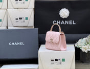 QUILTED FLAP BAG WITH HANDLE 18 IN BABY PINK LAMBSKIN GOLD HARDWARE