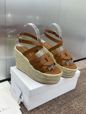 D-CLUB 25S HIGH HEEL WEDGE 100MM IN BROWN CALFSKIN RAFFIA SOLE