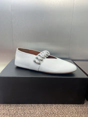 ALAIA MARY JANE FLATS 25S IN WHITE CALFSKIN WITH SILVER HARDWARE