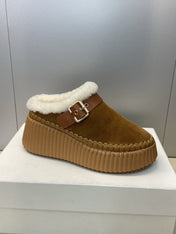 CHLOÉ 26S FUR-LINED WEDGE MULES IN BROWN SUEDE