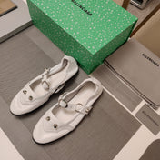 STUDDED MARY JANE FLATS IN WHITE SHINY LAMBSKIN