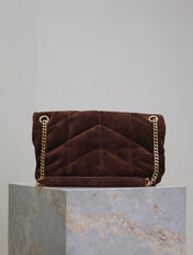 YSL 25S LOULOU PUFFER MM 29 IN DARK BROWN SUEDE GOLD HARDWARE