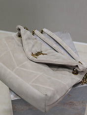 YSL 25S LOULOU PUFFER GM 35 IN SMOKEY TAUPE SUEDE GOLD HARDWARE