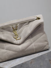 YSL 25S LOULOU PUFFER MM 29 IN SMOKEY TAUPE SUEDE GOLD HARDWARE