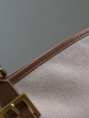 TOTE BAG 47 IN WHITE CANVAS AND BROWN LEATHER TRIM GOLD HARDWARE