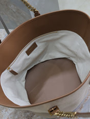 TOTE BAG 47 IN WHITE CANVAS AND BROWN LEATHER TRIM GOLD HARDWARE