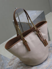 TOTE BAG 47 IN WHITE CANVAS AND BROWN LEATHER TRIM GOLD HARDWARE