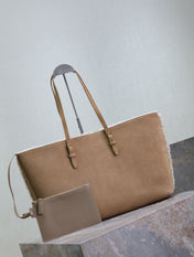 SHOPPING TOTE BAG 38 IN TAN BROWN SUEDE AND WHITE SHEARLING TRIM