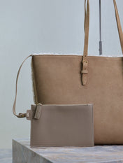 SHOPPING TOTE BAG 38 IN TAN BROWN SUEDE AND WHITE SHEARLING TRIM