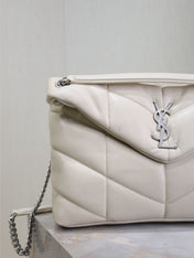 YSL 25S LOULOU PUFFER GM 35 IN SMOKEY TAUPE CALFSKIN SILVER HARDWRE