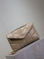 YSL 25S LOULOU PUFFER MINI 23 IN BROWN CALFSKIN GOLD HARDWARE