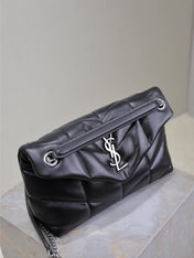 YSL 25S LOULOU PUFFER MM 29 IN BLACK CALFSKIN SILVER HARDWARE