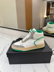 MID-TOP SNEAKERS IN WHITE PERFORATED LAMBSKIN AND GRAY SUEDE
