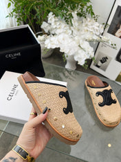 CELINE 26S TRIOMPHE MULES IN BEIGE RAFFIA AND BLACK CALFSKIN