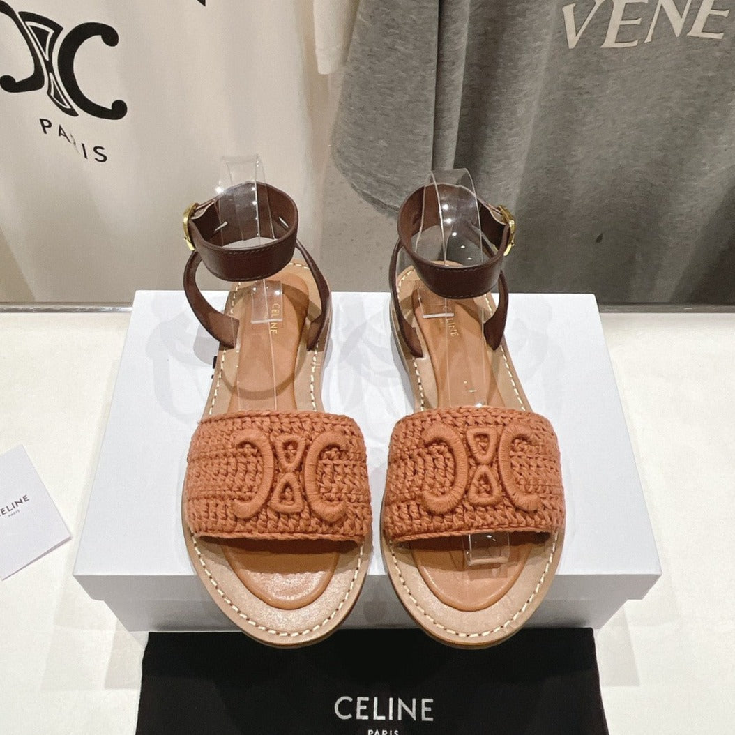 LYMPIA SANDAL IN TRIOMPHE MACCRAMÉ COTTON & CALFSKIN BROWN/DARK BROWN