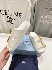 PRA CROCODILE MOTIF STRAP SLIDES SANDALS WHITE CALFSKIN